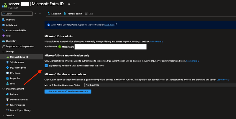 Enable Entra-only authentication in the portal