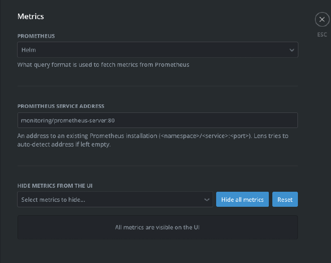 Lens cluster metrics configuration